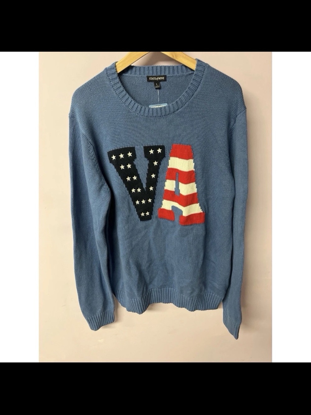 State of Mind Blue Crewneck Sweater with Patriotic VA Motif